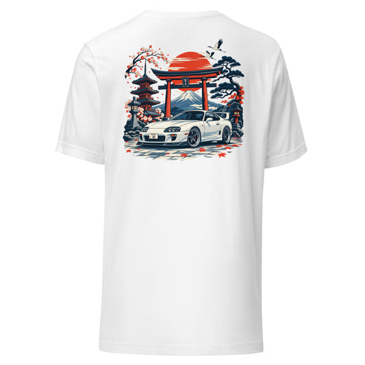 White A80 back print t-shirt laid flat, shrine scene with pagoda and cherry blossom on the back panel