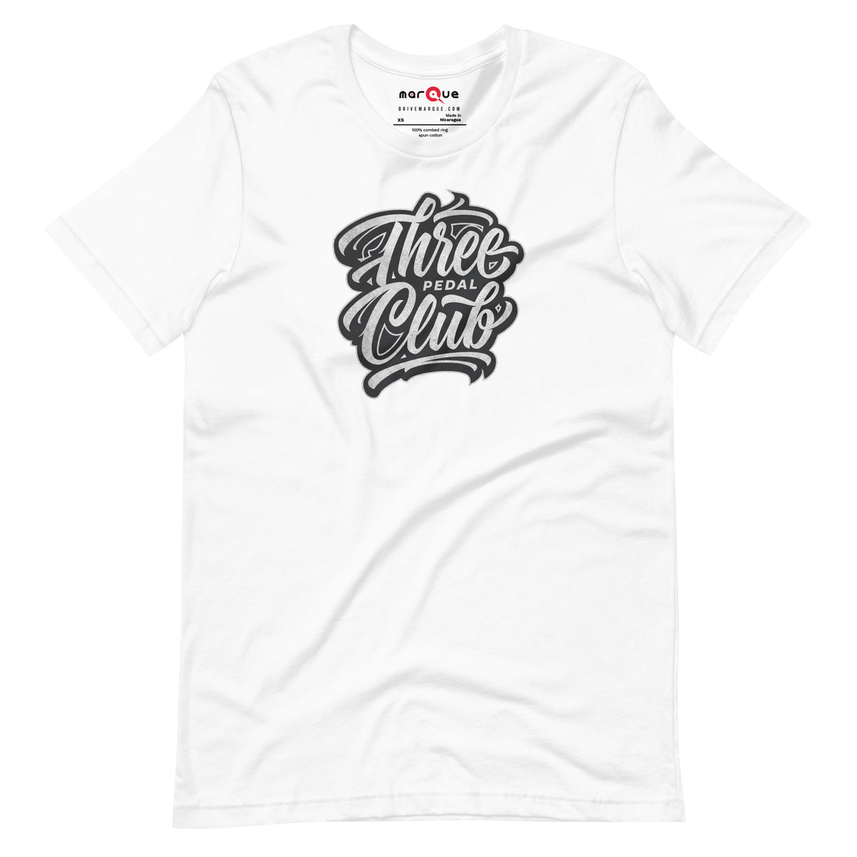 Three Pedal Club Tee — Manual Only graphic t-shirt, White front view — Marque automotive apparel