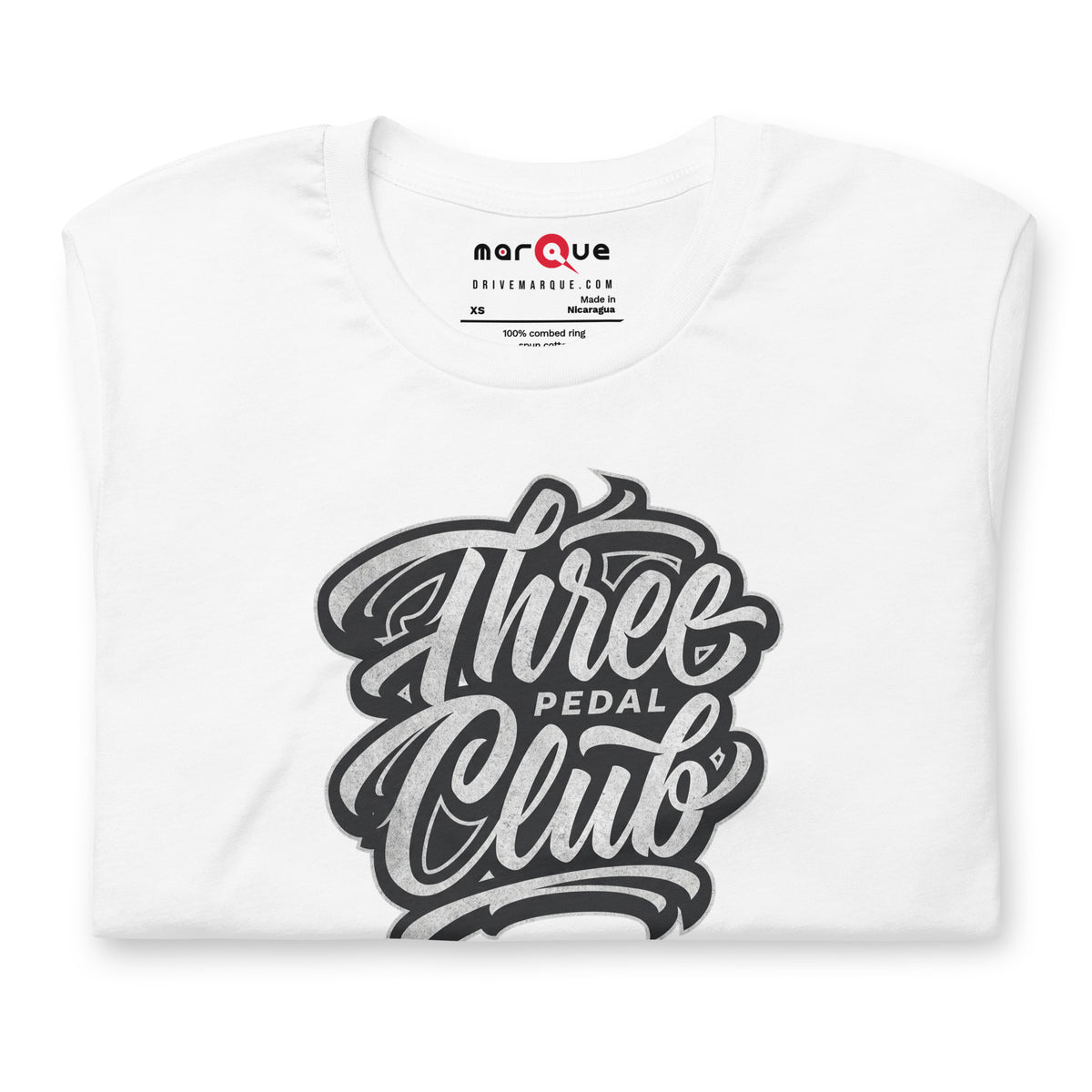Three Pedal Club Tee — Manual Only graphic t-shirt, White front view (2) — Marque automotive apparel