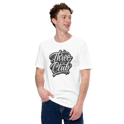 Three Pedal Club Tee — Manual Only graphic t-shirt, White front view (3) — Marque automotive apparel