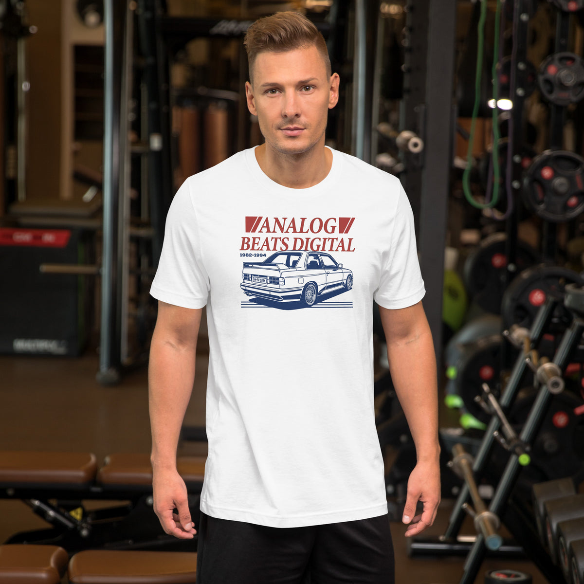Analog Beats Digital tee, White front view — Marque automotive apparel (2)