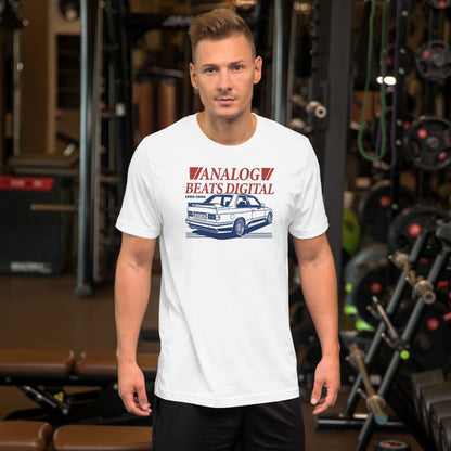 Analog Beats Digital tee, White front view — Marque automotive apparel (2)