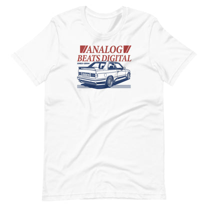 Analog Beats Digital tee, White front view — Marque automotive apparel (3)