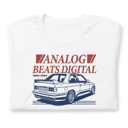 Analog Beats Digital tee, White front view — Marque automotive apparel