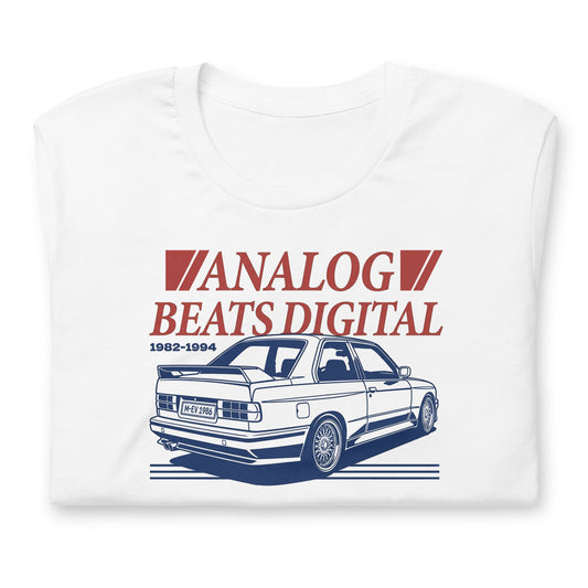 Analog Beats Digital tee, White front view — Marque automotive apparel