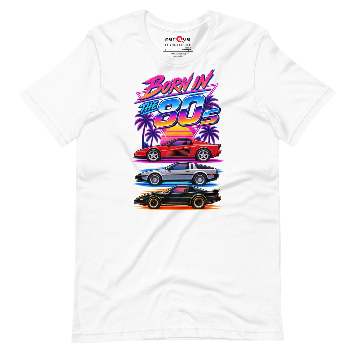 Born in the 80s tee, White front view — Marque automotive apparel