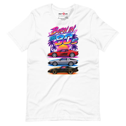 Born in the 80s tee, White front view — Marque automotive apparel