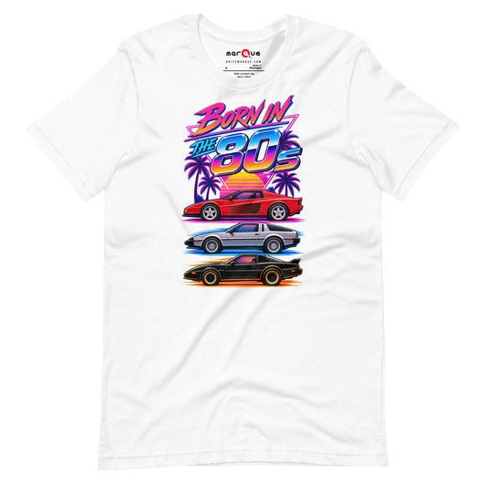 Born in the 80s tee, White front view — Marque automotive apparel