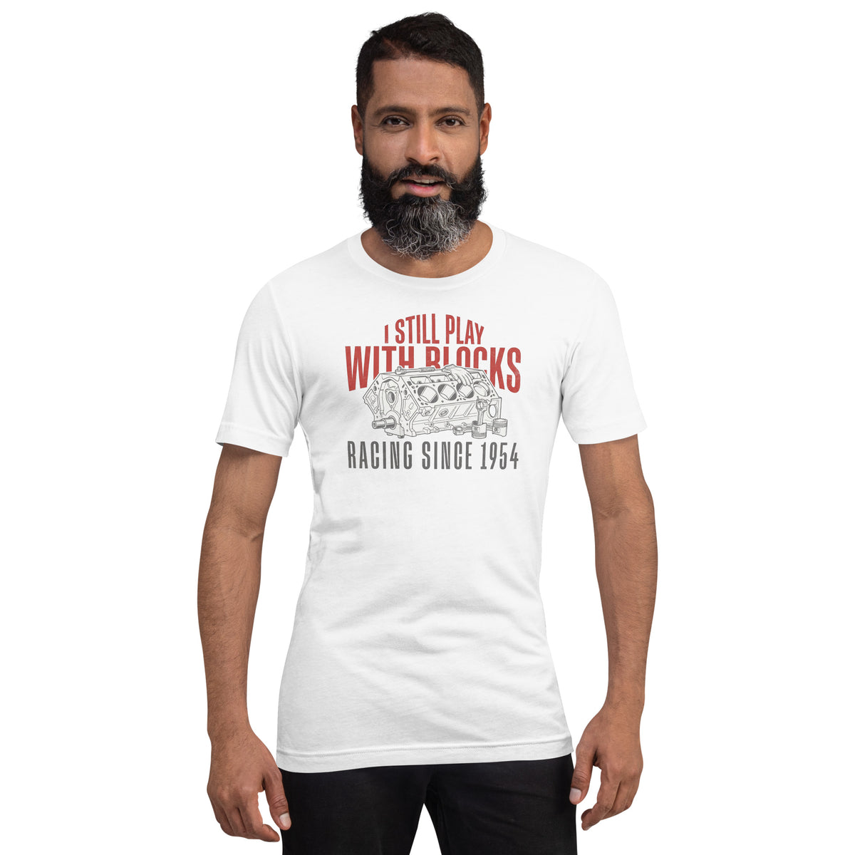 I Still Play With Blocks Tee, White — worn front view, Marque automotive apparel