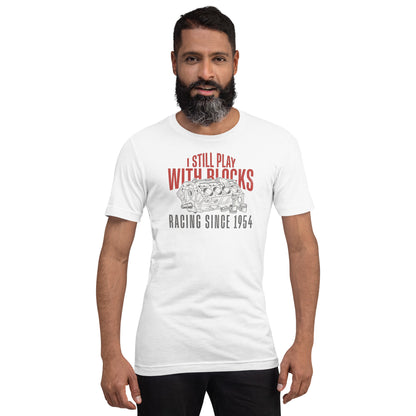 I Still Play With Blocks Tee, White — worn front view, Marque automotive apparel