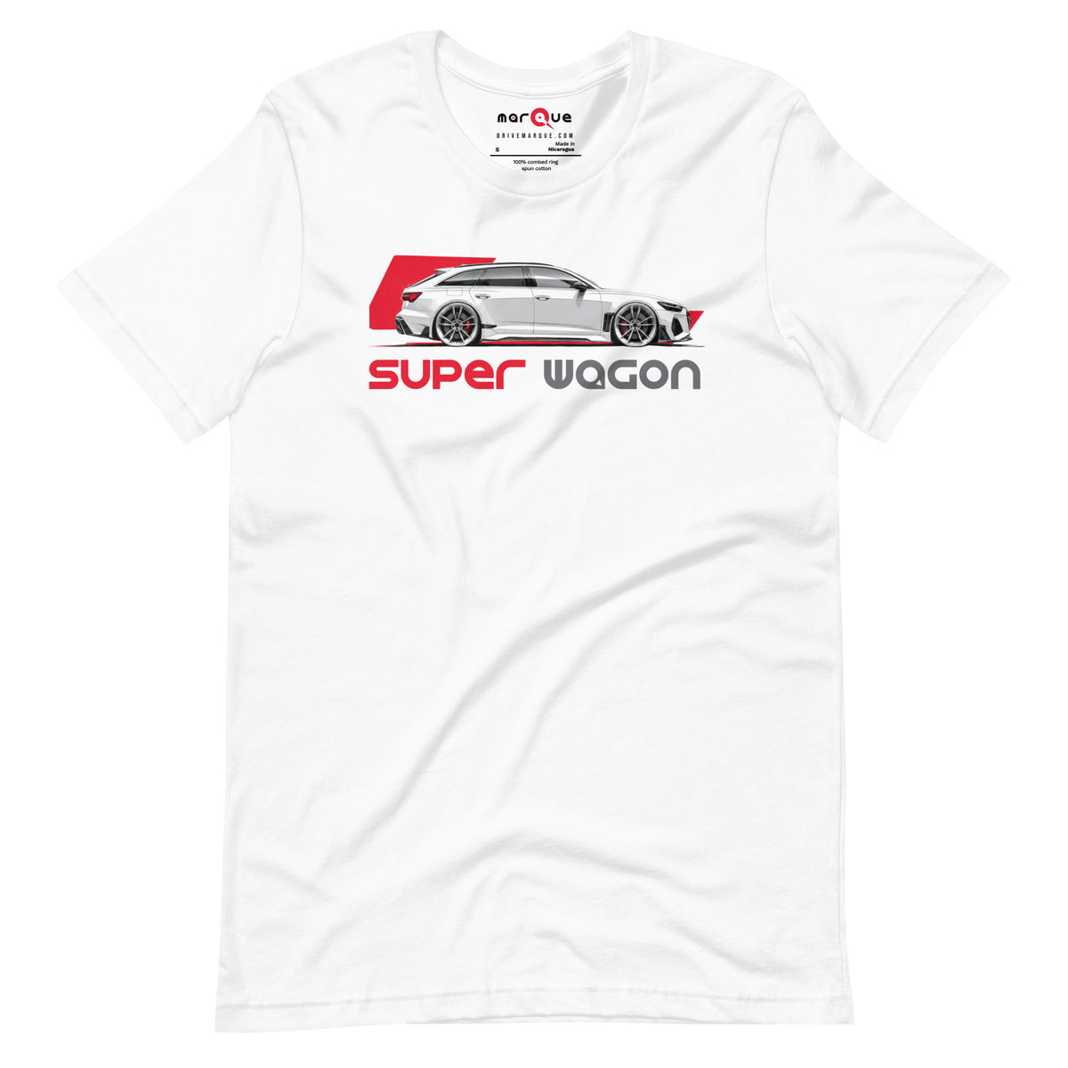 Super Wagon Tee, White front view — wide-arch super-estate side profile print, Marque automotive apparel