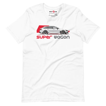 Super Wagon Tee, White front view — wide-arch super-estate side profile print, Marque automotive apparel