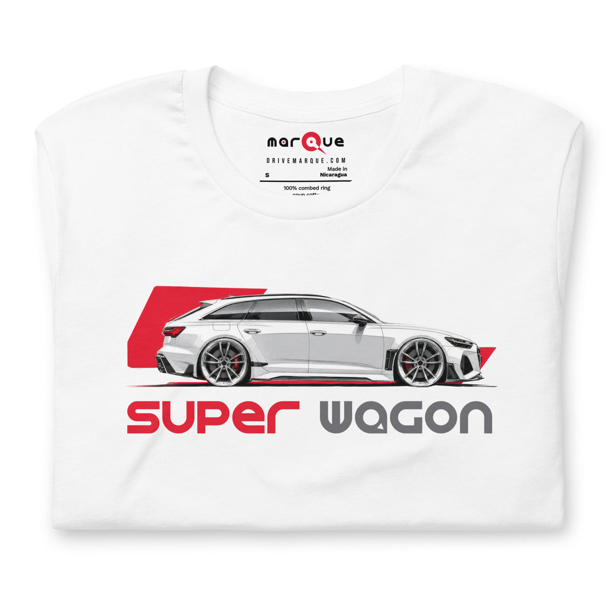 Super Wagon Tee, White — folded flat lay, front print detail, Marque automotive apparel