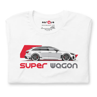 Super Wagon Tee, White — folded flat lay, front print detail, Marque automotive apparel