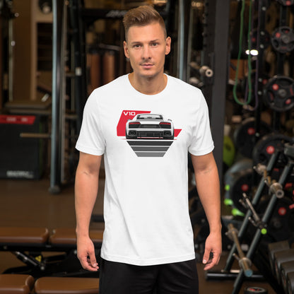 The Sensible Supercar Tee, White — worn front view, gym setting, Marque automotive apparel