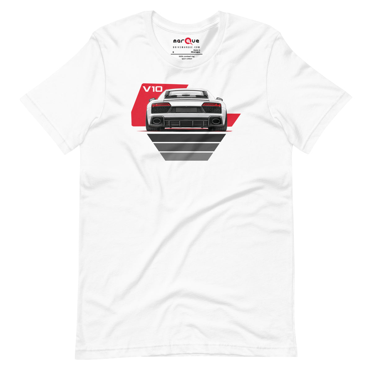 The Sensible Supercar Tee, White front view — mid-engined V10 rear-view print, Marque automotive apparel