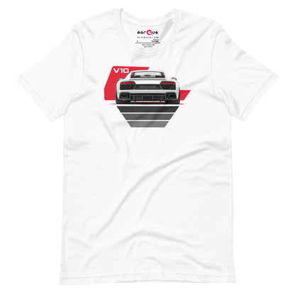 The Sensible Supercar Tee, White front view — mid-engined V10 rear-view print, Marque automotive apparel