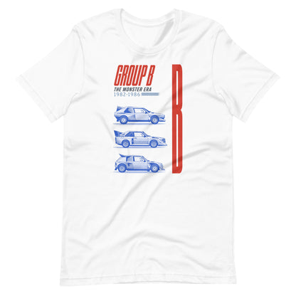 White Group B rally t-shirt laid flat — three 1980s rally silhouettes under the class name