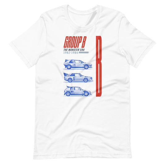 White Group B rally t-shirt laid flat — three 1980s rally silhouettes under the class name