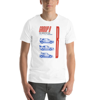 White Group B tee worn front-on, print centred on the chest