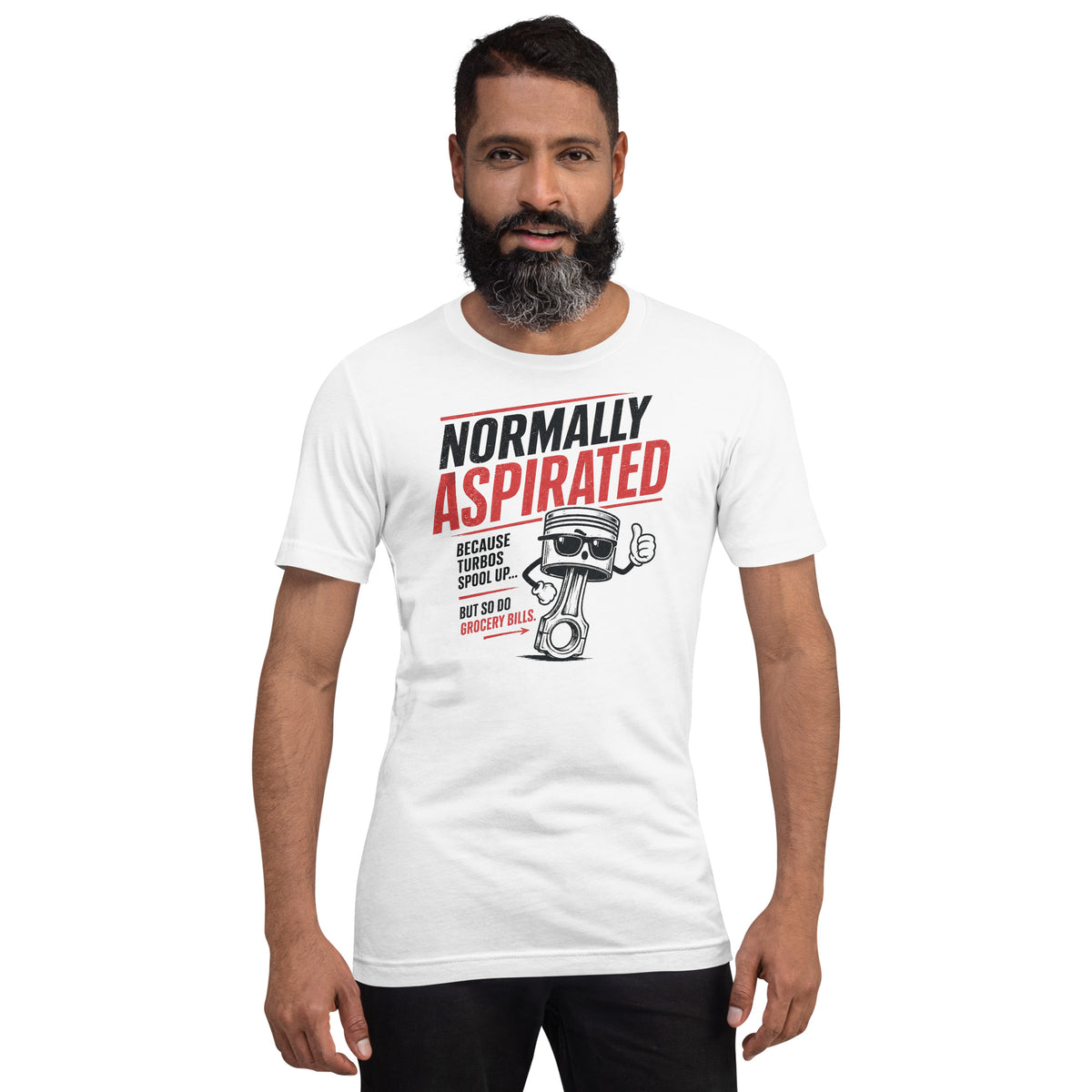 White normally aspirated tee worn front-on, print centred on the chest