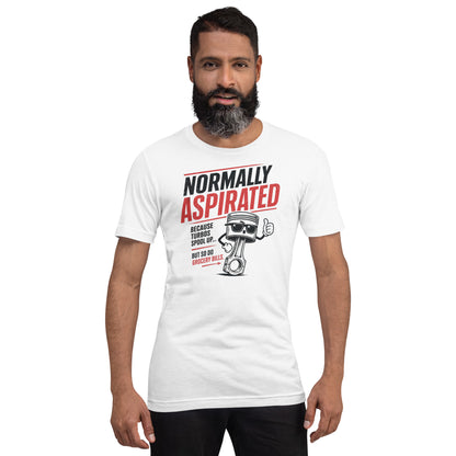 White normally aspirated tee worn front-on, print centred on the chest