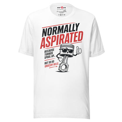 White normally aspirated t-shirt — piston and conrod mascot giving a thumbs up