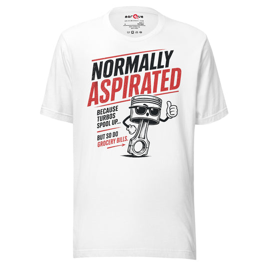 White normally aspirated t-shirt — piston and conrod mascot giving a thumbs up