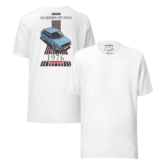 1976 Original Hot Hatch Tee — The Blueprint graphic t-shirt, White front and back — Marque automotive apparel