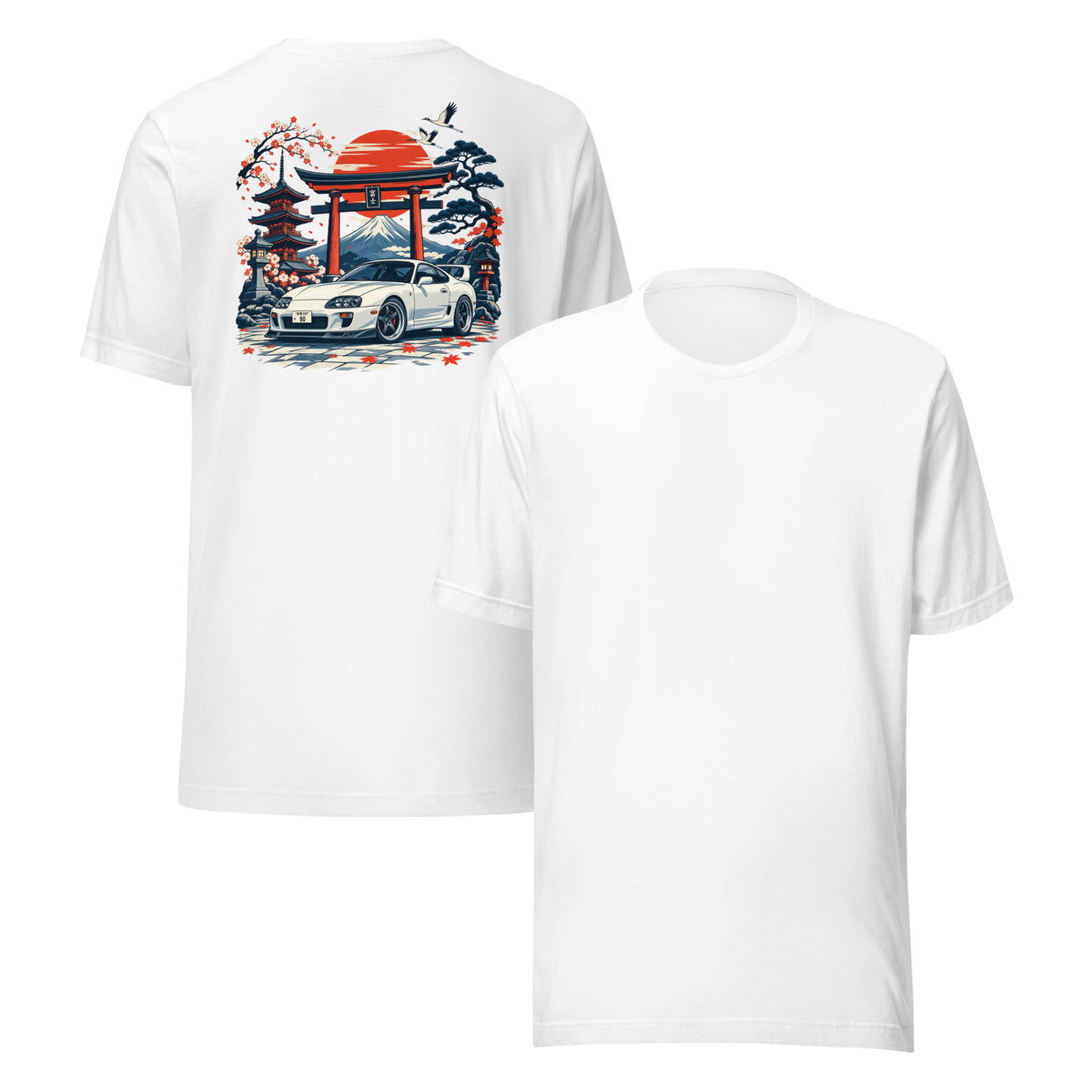 White A80 tee shown back and front together — full shrine artwork on the back, front completely plain