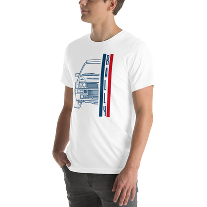 Group A Rally Tee — Six in a Row graphic t-shirt, White angled front view — Marque automotive apparel
