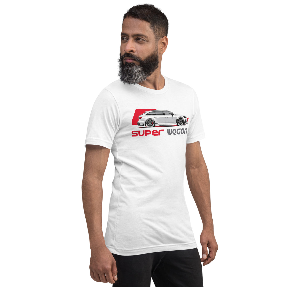 Super Wagon Tee, White — worn right front three-quarter view, Marque automotive apparel