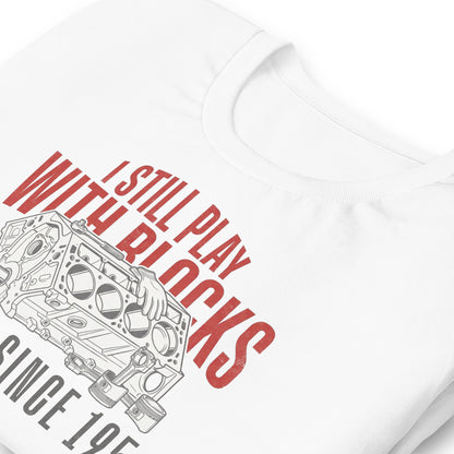 I Still Play With Blocks Tee, White — front print detail, engine block line art, Marque automotive apparel