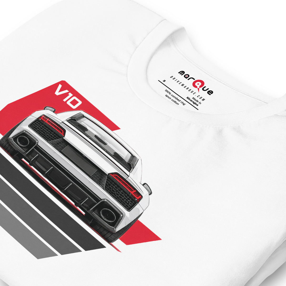 The Sensible Supercar Tee, White — front print detail, V10 supercar rear view, Marque automotive apparel
