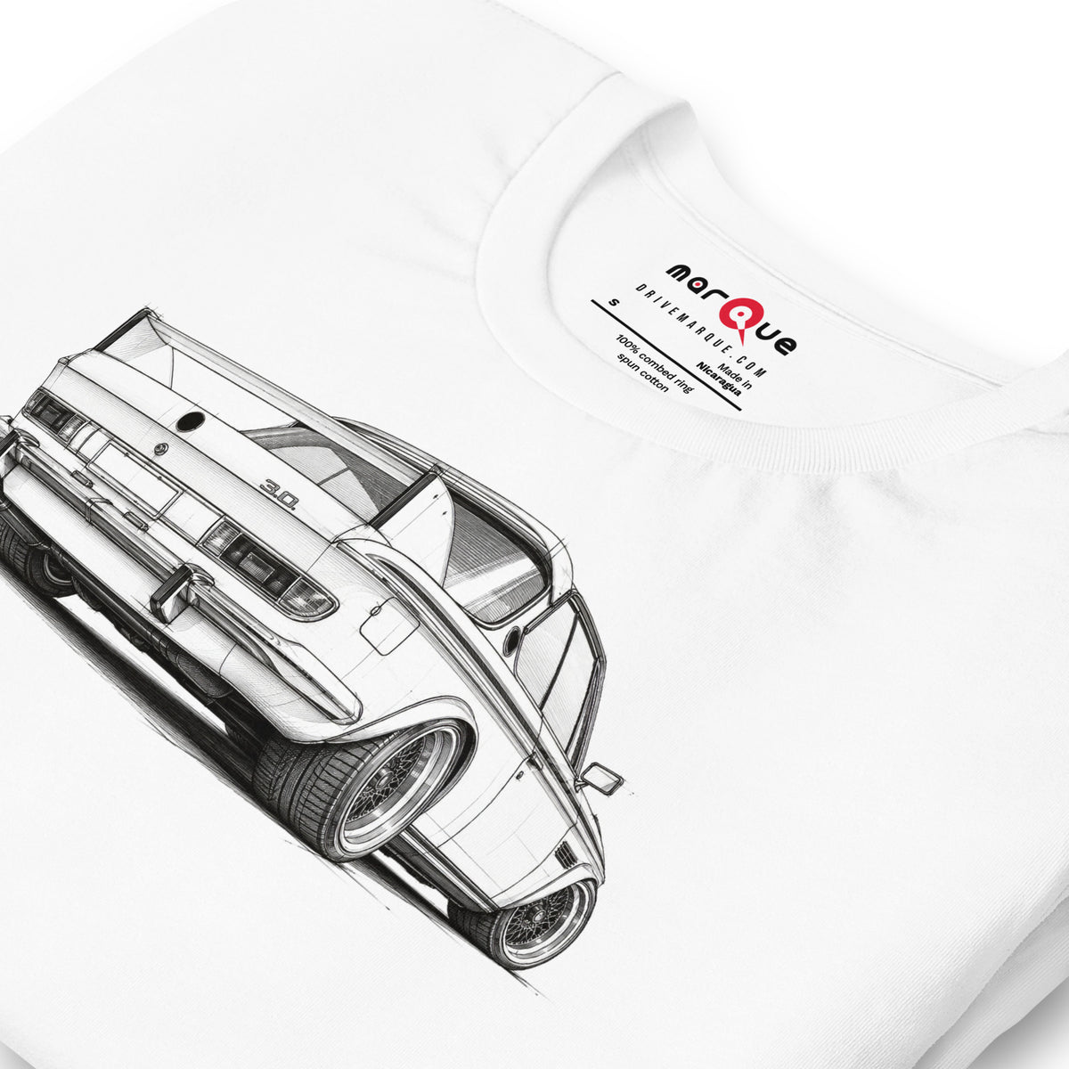 Design Icon Tee, White print detail — Marque automotive apparel